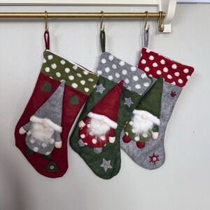 Gnome Christmas Stockings NEW Set of 3 Polka Dots, Felt Red Green, Gray